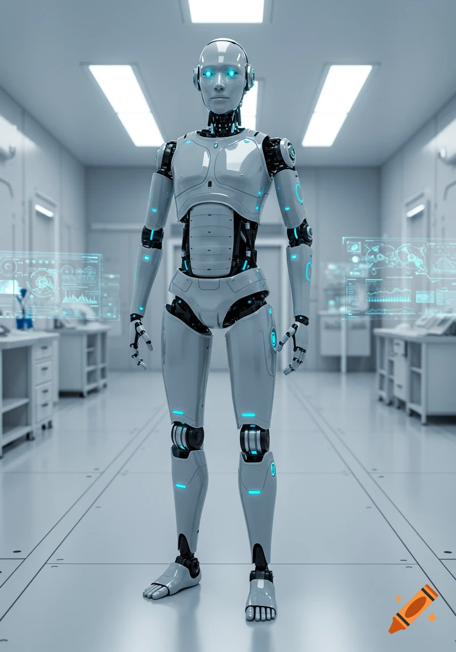 A photorealistic image of a humanoid robot standing in a futuristic laboratory with glowing blue holographic displays.