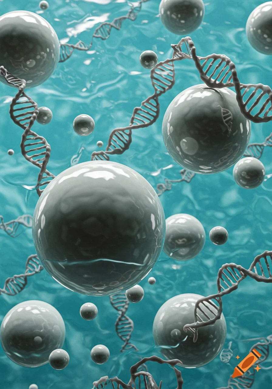 Gray spheres and DNA strands float in a blue liquid, representing a microscopic or molecular scene.
