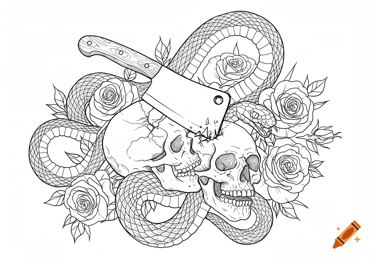 Outline drawing of two skulls with a meat cleaver embedded in one, surrounded by roses and a snake.
