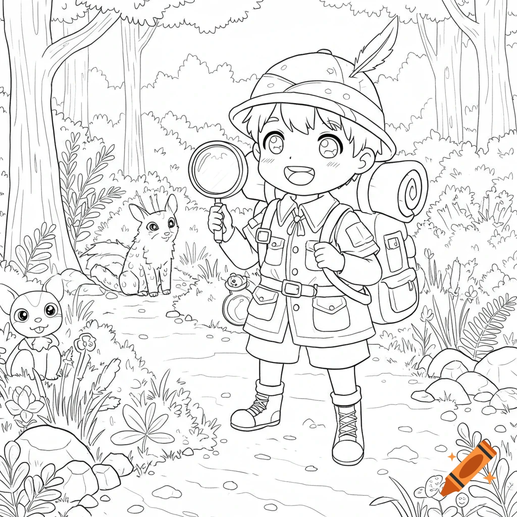 An anime style black and white line art coloring page of a cute explorer boy with a magnifying glass in a forest with animals.
