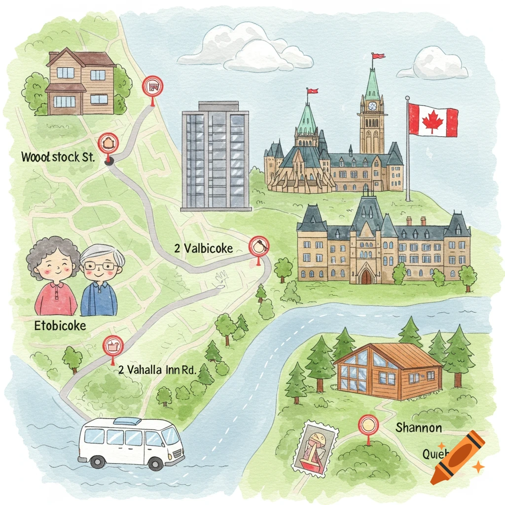 A whimsical watercolor map showing a route from a townhome, past a city, to Parliament Hill, and a log cabin, featuring a white van and cartoon grandparents.