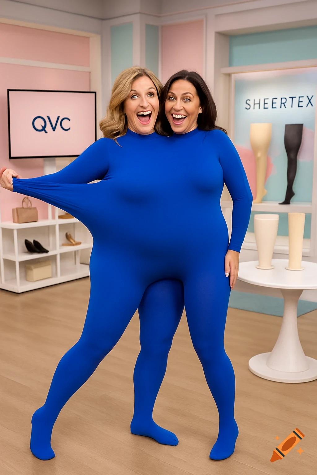 Two smiling women in a single blue full-body suit, creating a two-headed illusion, on a QVC set demonstrating stretchy hosiery.