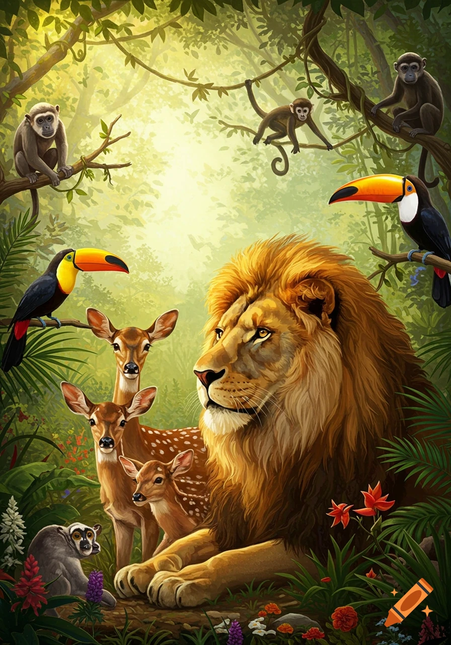 An illustrated scene of a majestic lion and three deer resting in a sunlit jungle, surrounded by monkeys, toucans, and a lemur.