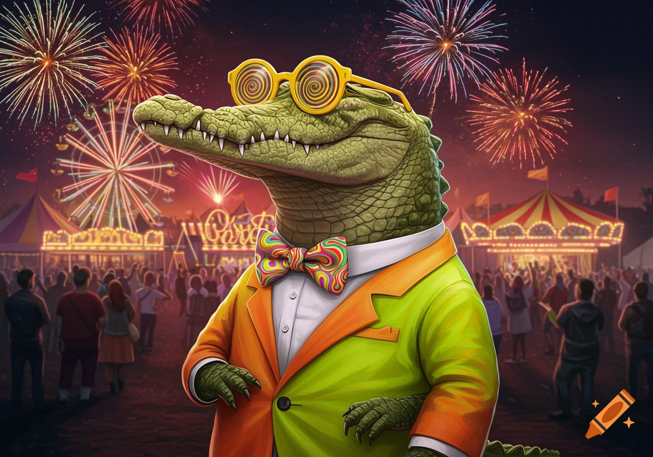 A cartoon alligator wearing a suit and swirl glasses smiles at a lively carnival with fireworks.
