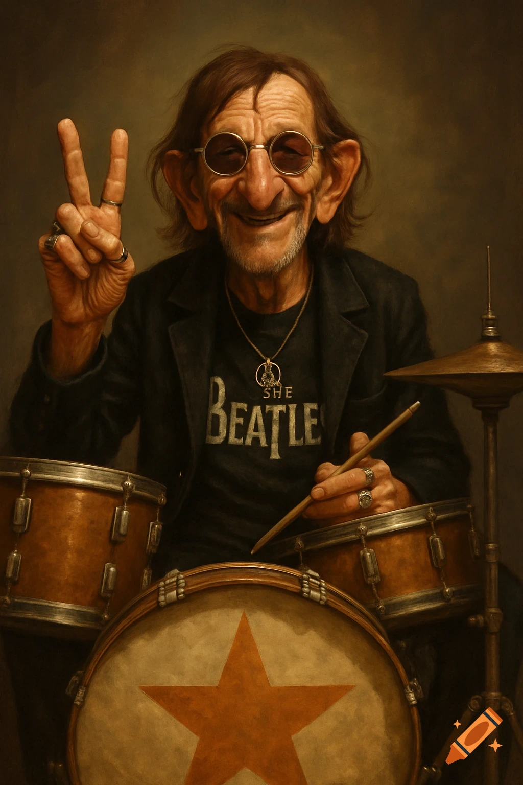 A stylized portrait of an old man with round glasses and long ears, giving a peace sign while sitting at a drum kit, wearing a Beatles shirt.