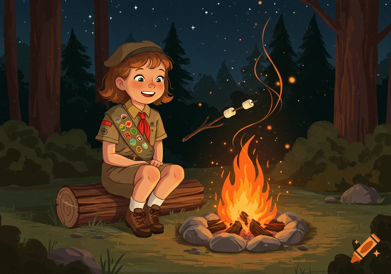 A smiling girl scout sits on a log, roasting marshmallows over a campfire at night in a forest, in a 1960s drawing style.