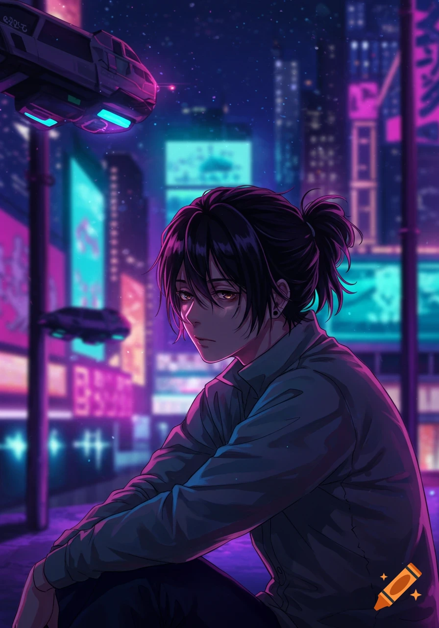 An anime boy with dark hair tied in a ponytail sits in a neon-lit cyberpunk city at night with flying vehicles.