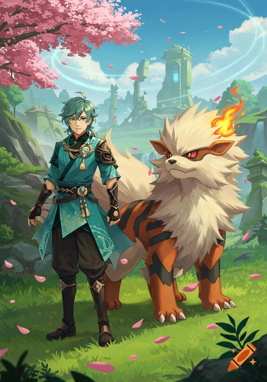 An anime-style male character resembling Alhaitham stands with an Arcanine in a vibrant fantasy landscape with cherry blossoms.