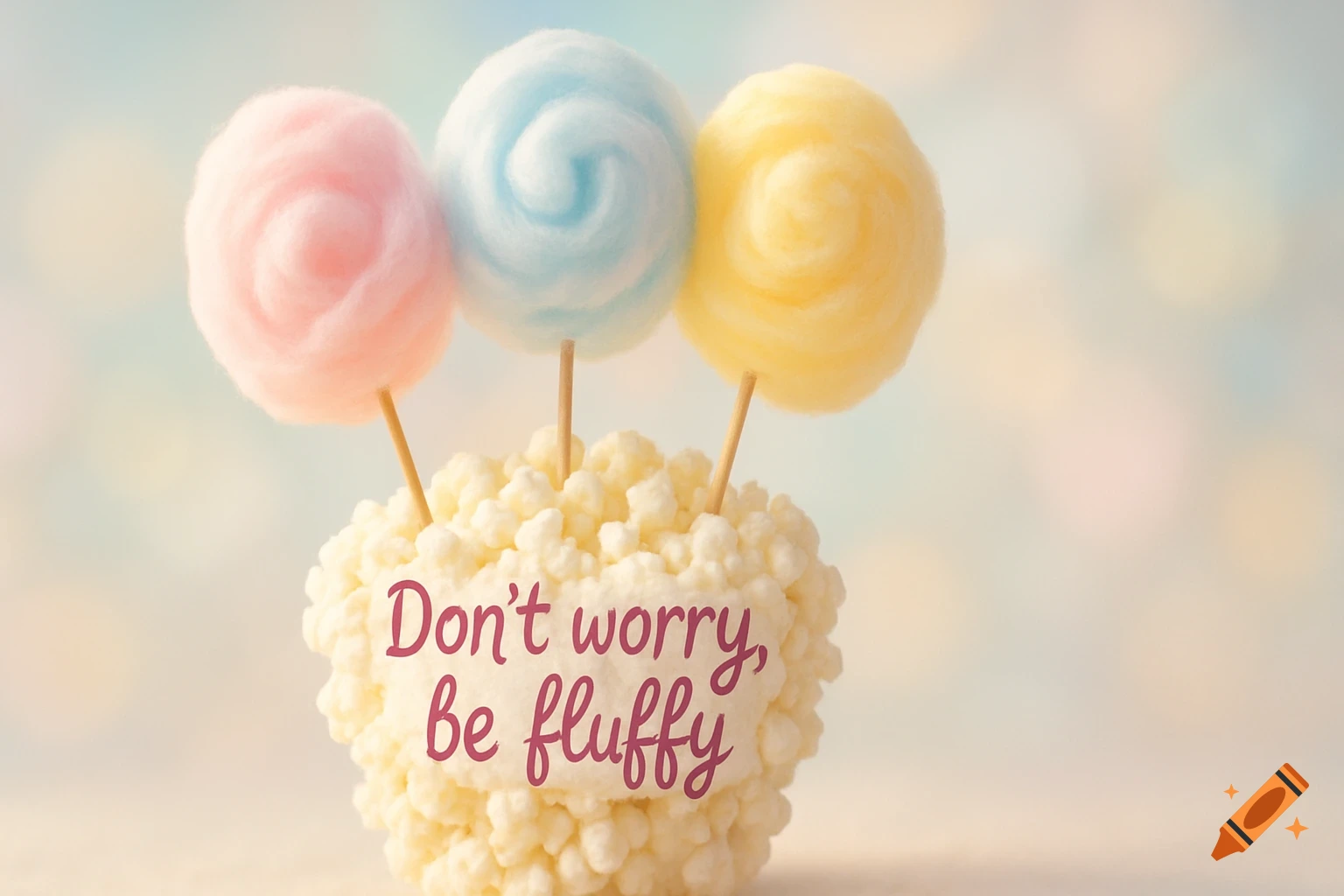Three pastel cotton candy swirls on sticks in a base of fluffy popcorn, with the text 'Don't worry, be fluffy' on the front, against a soft bokeh background.