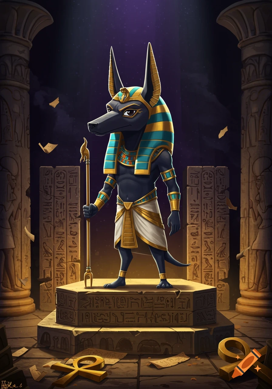 A stylized, cartoon Anubis standing with a staff on a hieroglyphic platform in an Egyptian temple.