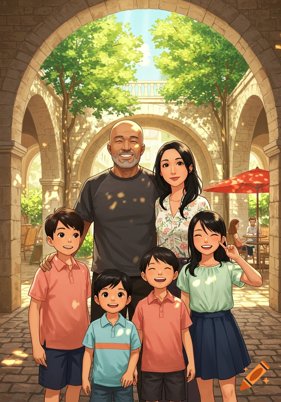A smiling family with three children in an anime style, standing in a sunny stone courtyard with arches, trees, and an outdoor café.