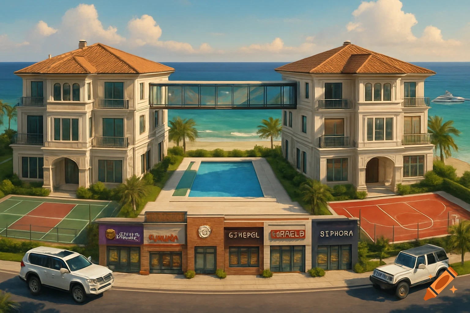 Two large, opulent mansions connected by a skywalk, overlooking a vibrant blue ocean and sandy beach. In front, there's a swimming pool, tennis and basketball courts, and a row of shops, with two cars parked on the street.
