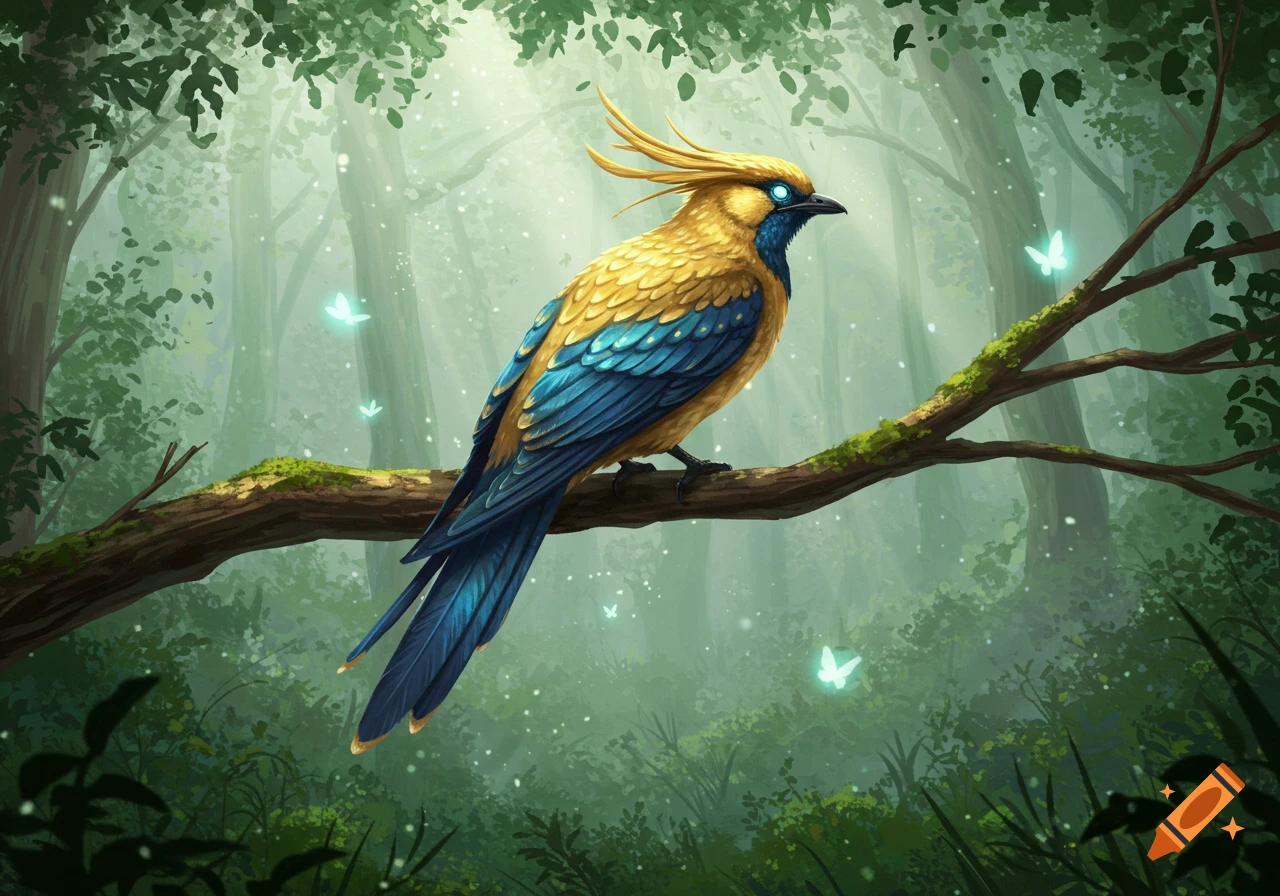A vibrant yellow and blue fantasy bird with glowing eyes perches on a mossy branch in a mystical, foggy forest with glowing butterflies.