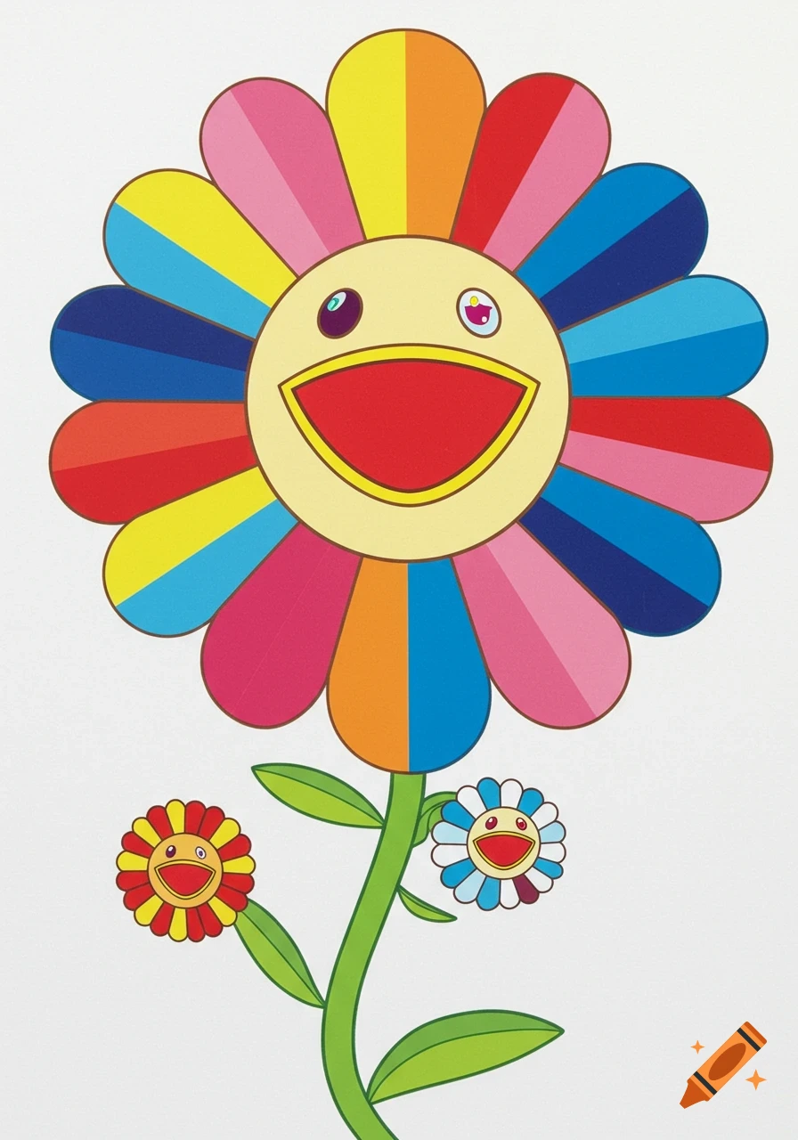 A vibrant, smiling flower with rainbow petals and two smaller flowers on a green stem, in a cheerful pop art style.