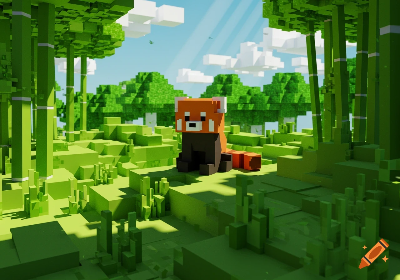 A blocky red panda sits in a vibrant Minecraft-style bamboo jungle with hills under a sunny sky.