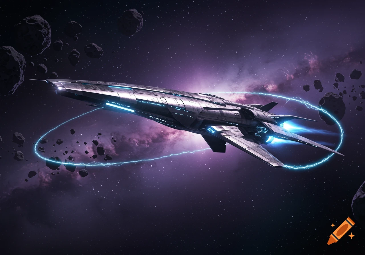 A sleek, futuristic spaceship with glowing blue accents flies through a dark, asteroid-filled space, with a purple nebula in the background.
