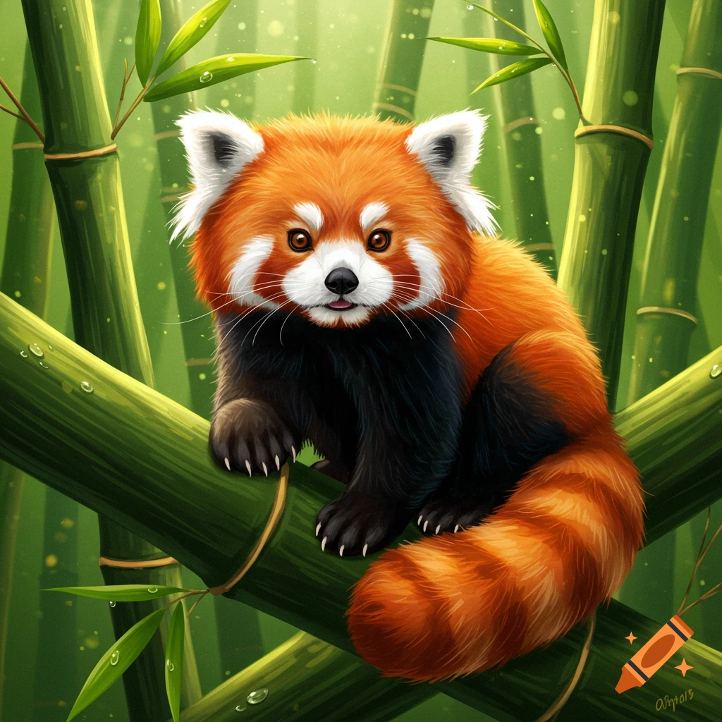 A cute red panda with big eyes and white fur around its face sits on a green bamboo branch in a lush bamboo jungle, digital illustration.