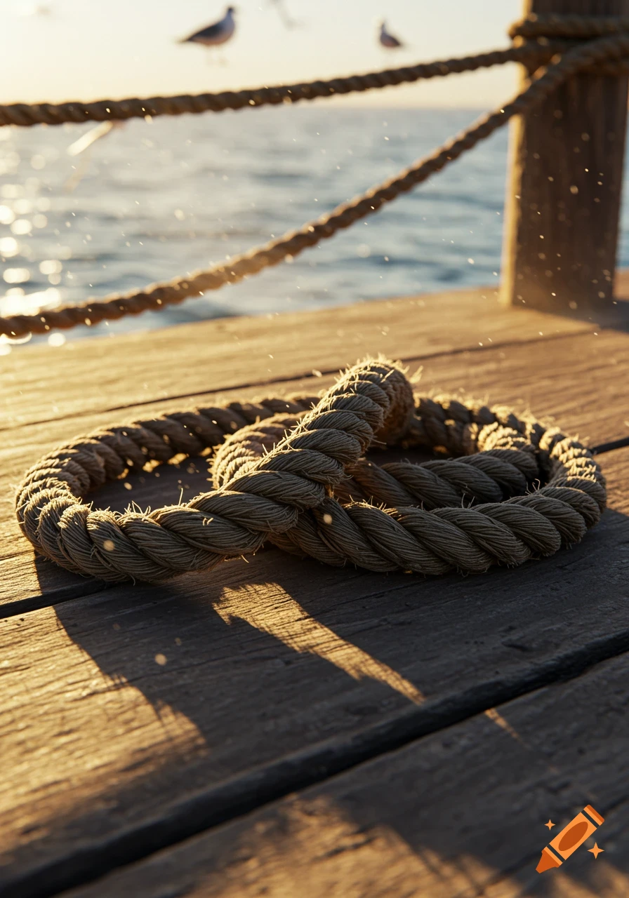 A thick rope coiled on a sunlit wooden pier, with sparkling water and blurred seagulls in the background.