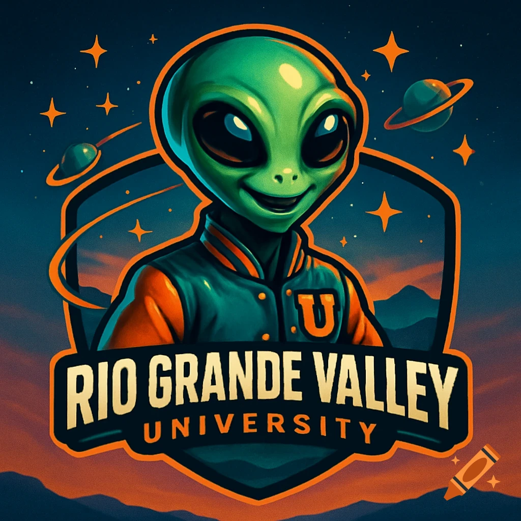 Cartoon alien mascot wearing a university jacket in a logo with 'Rio Grande Valley University' text.