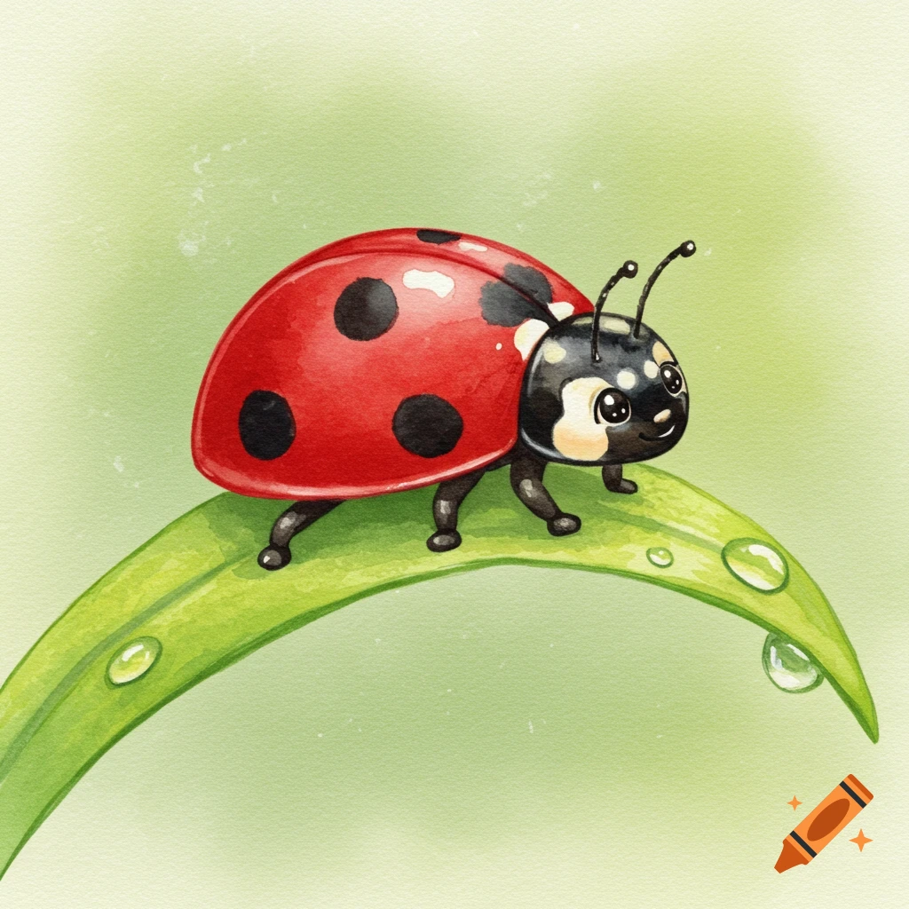 A cute watercolor ladybug with black spots on a red shell, sitting on a green leaf with dew drops.