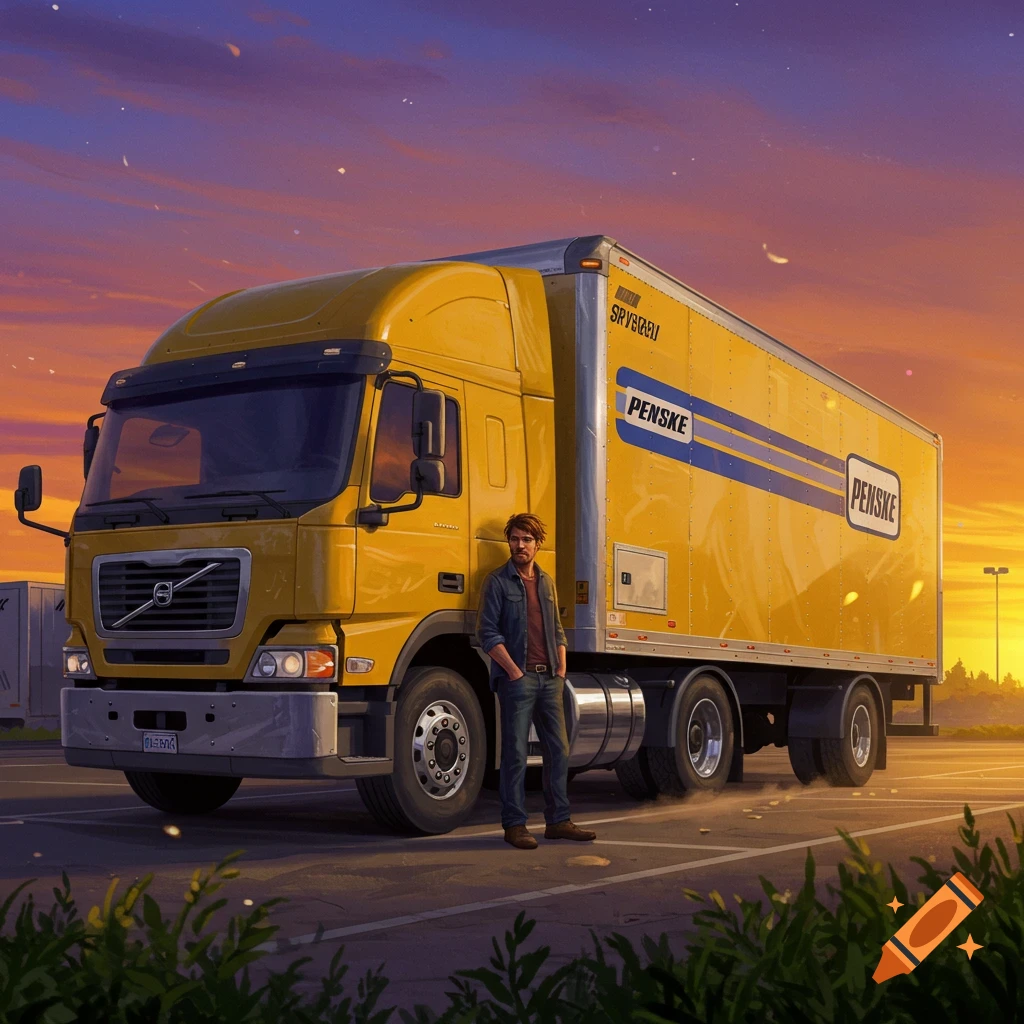 A man stands beside a large yellow Penske moving truck at sunset.