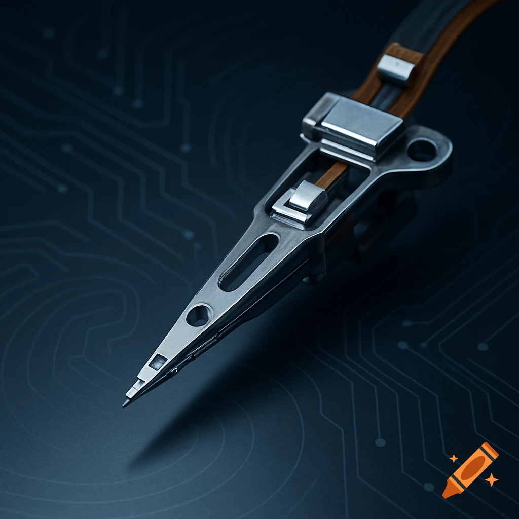 Close-up of a metallic hard drive read head on a dark background with faint circuit patterns.