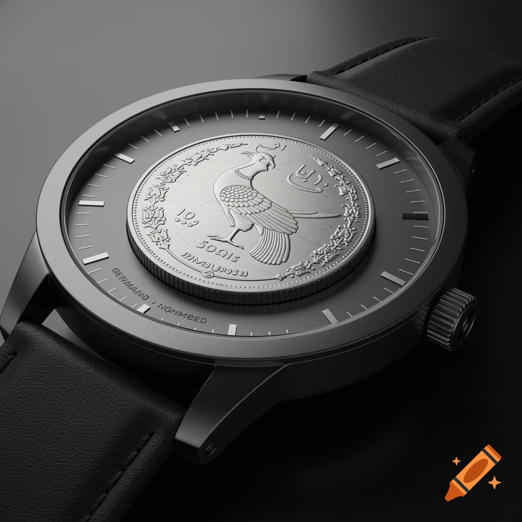A close-up of a dark-toned wristwatch with a silver coin featuring a mythical bird design on its face. The watch has a black leather strap.