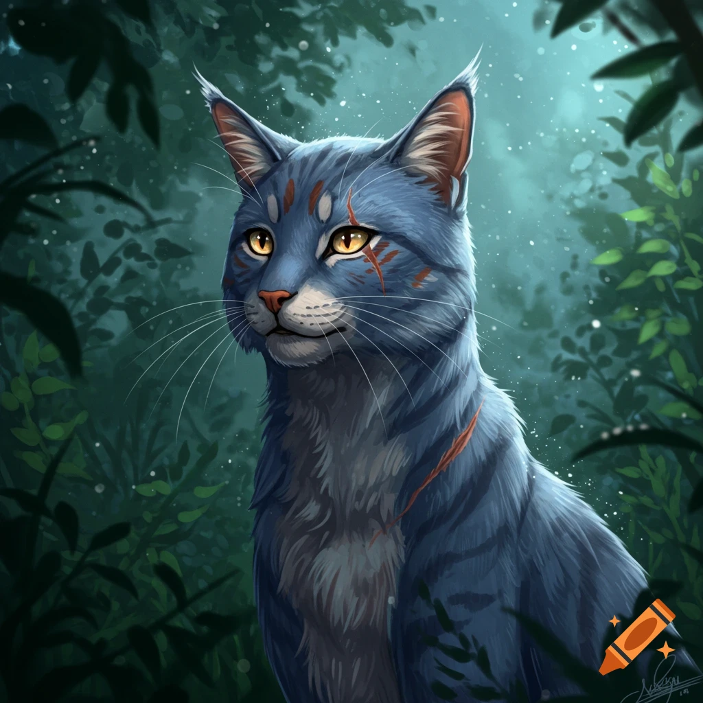 A blue-grey cat with orange scars and amber eyes looks off into a dark, lush forest, stylized digital art.