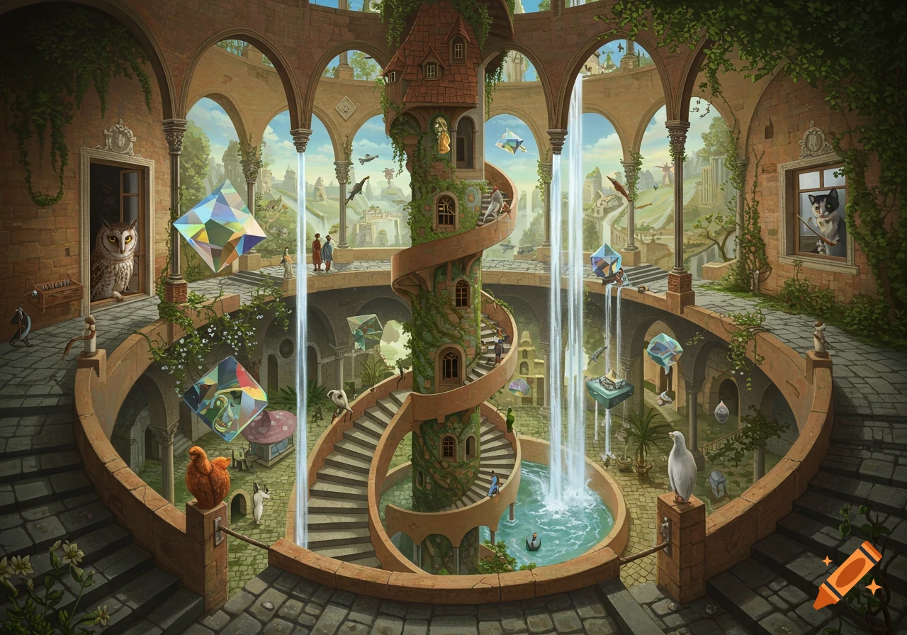 A grand, intricate, and surreal fantasy structure with a central spiraling tower, bridges, multiple waterfalls, and various creatures like owls and cats, in a whimsical, detailed style.