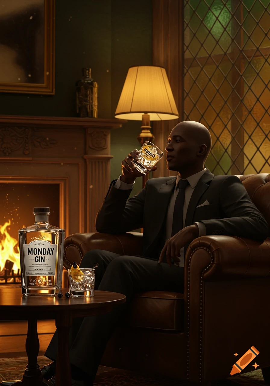 A man in a suit sits in a leather armchair, holding a glass, next to a bottle of Monday Gin by a fireplace in a dim lounge.