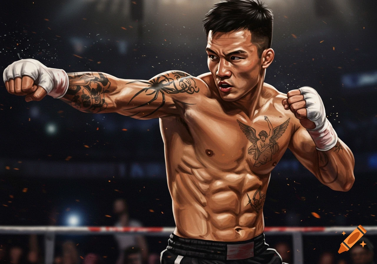 An Asian male boxer with visible abdominal muscles and intricate tattoos, throwing a punch in a boxing ring.