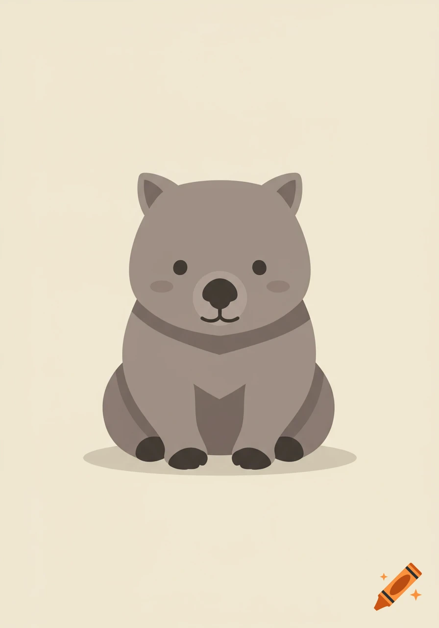 A cute, cartoon-style grey wombat sitting with a shadow on a light cream background.