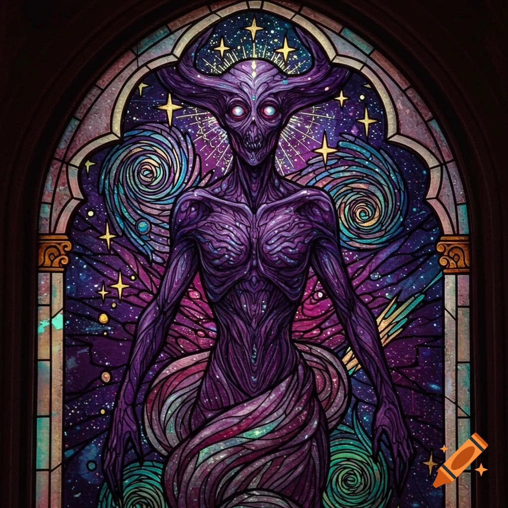 A purple cosmic horror deity with horns and glowing eyes, depicted as a stained glass window against a starry galaxy background.