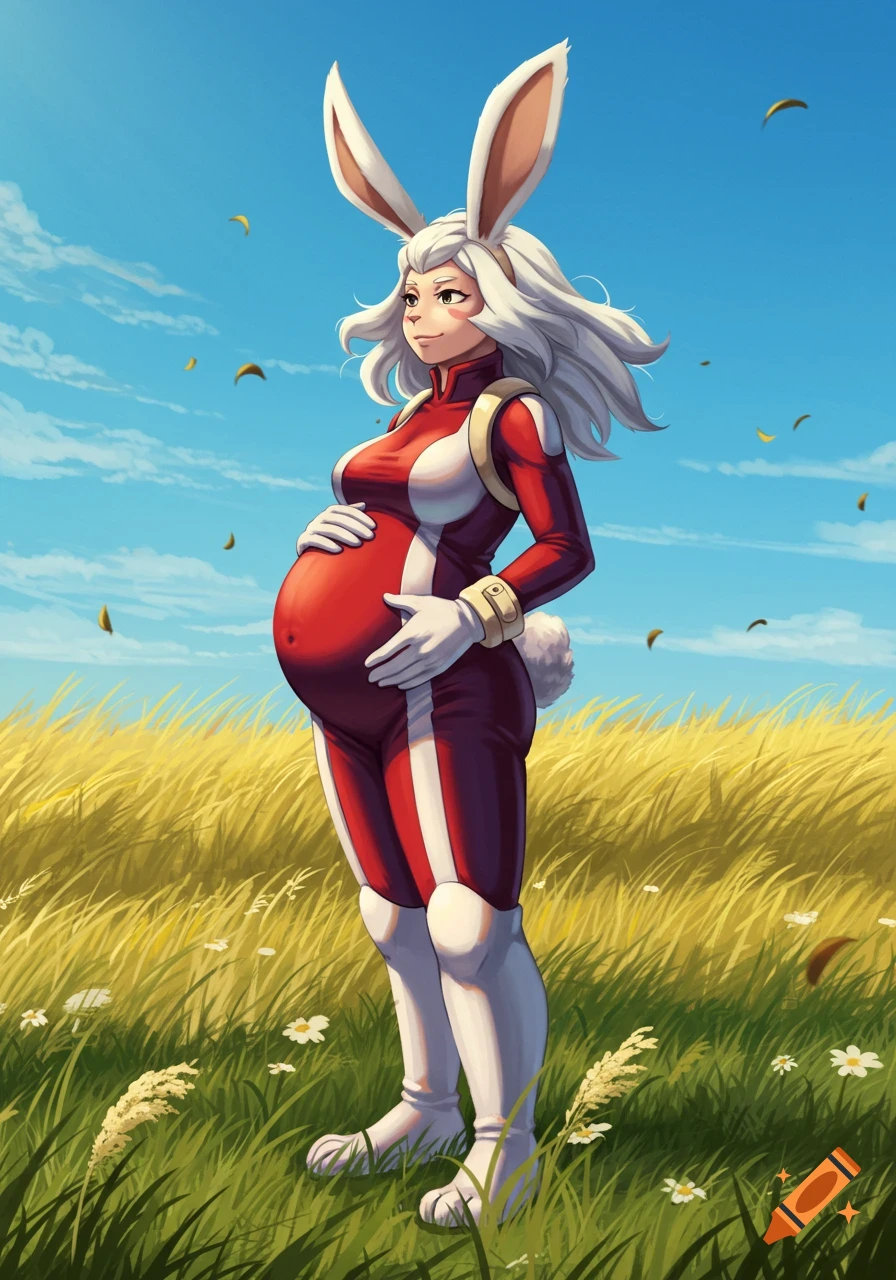 A pregnant anime woman with white hair and rabbit ears, wearing a red and white suit, stands in a golden field under a blue sky, cradling her belly.