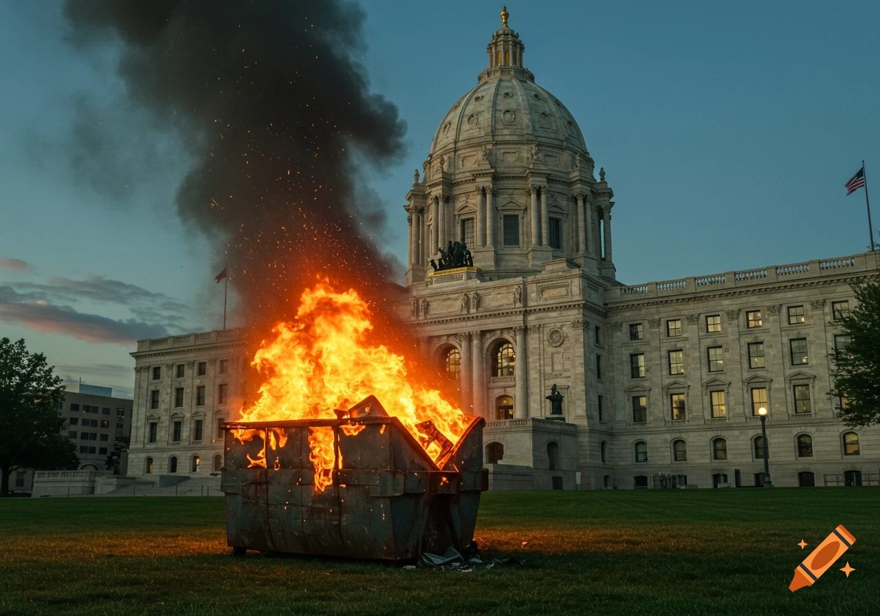 A garbage dumpster is ablaze on a grassy lawn in front of the photorealistic Minnesota State Capitol building at dusk.