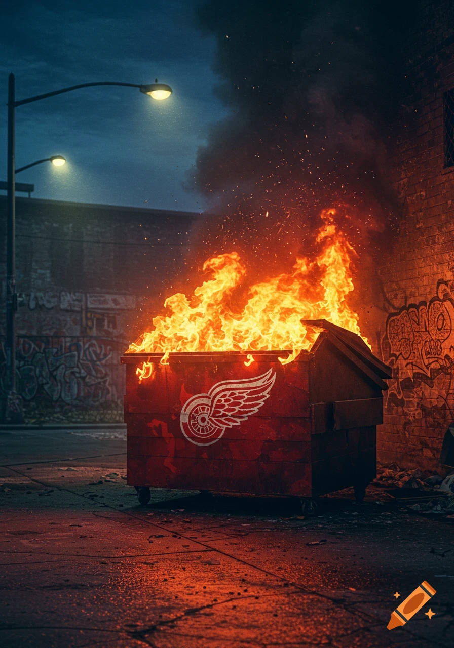 A red dumpster with the Detroit Red Wings logo on fire in a dark urban alley, emitting smoke and bright flames.