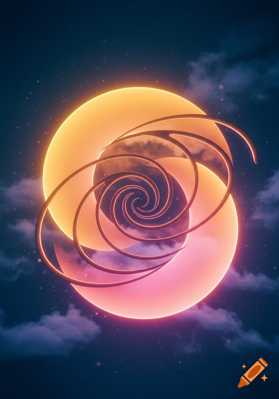 Glowing orange and pink circles intertwined with spirals against a dark, cloudy, starry background.