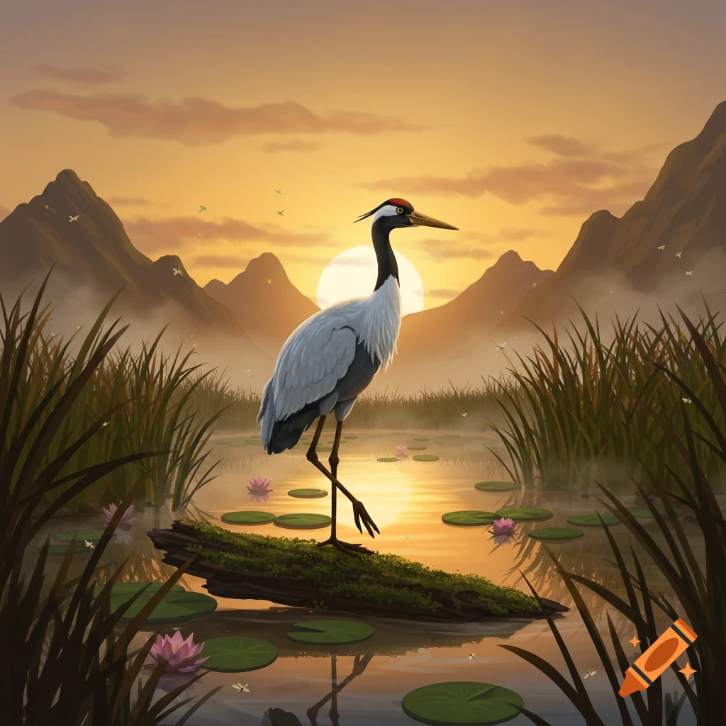 An illustrated crane stands on a log in a pond with lily pads and reeds, mountains in the background, bathed in sunset hues.