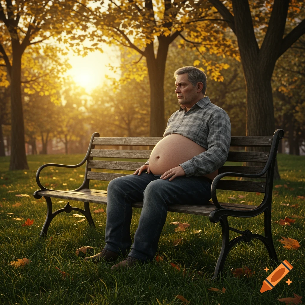 A man with a large exposed belly sits sadly on a park bench during a golden autumn sunset.