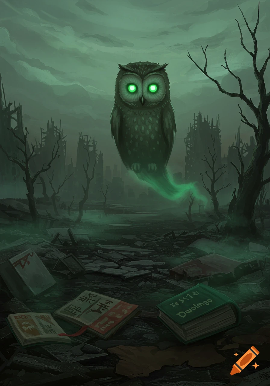 A ghostly owl with glowing green eyes hovers above a ruined, post-apocalyptic city with scattered, glowing books on the ground in a dark, eerie art style.
