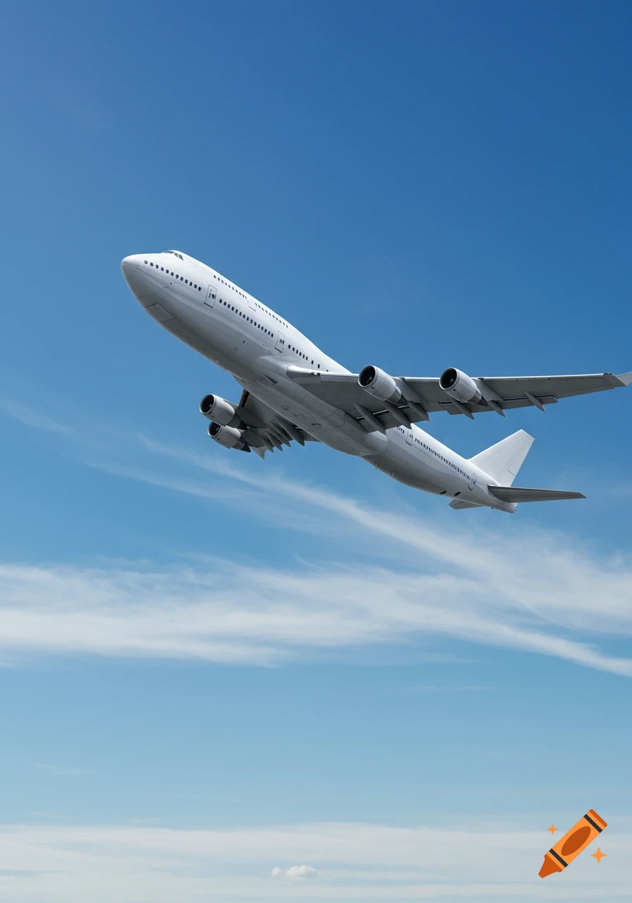 A white Boeing 747 airliner flying upwards against a blue sky with scattered clouds.