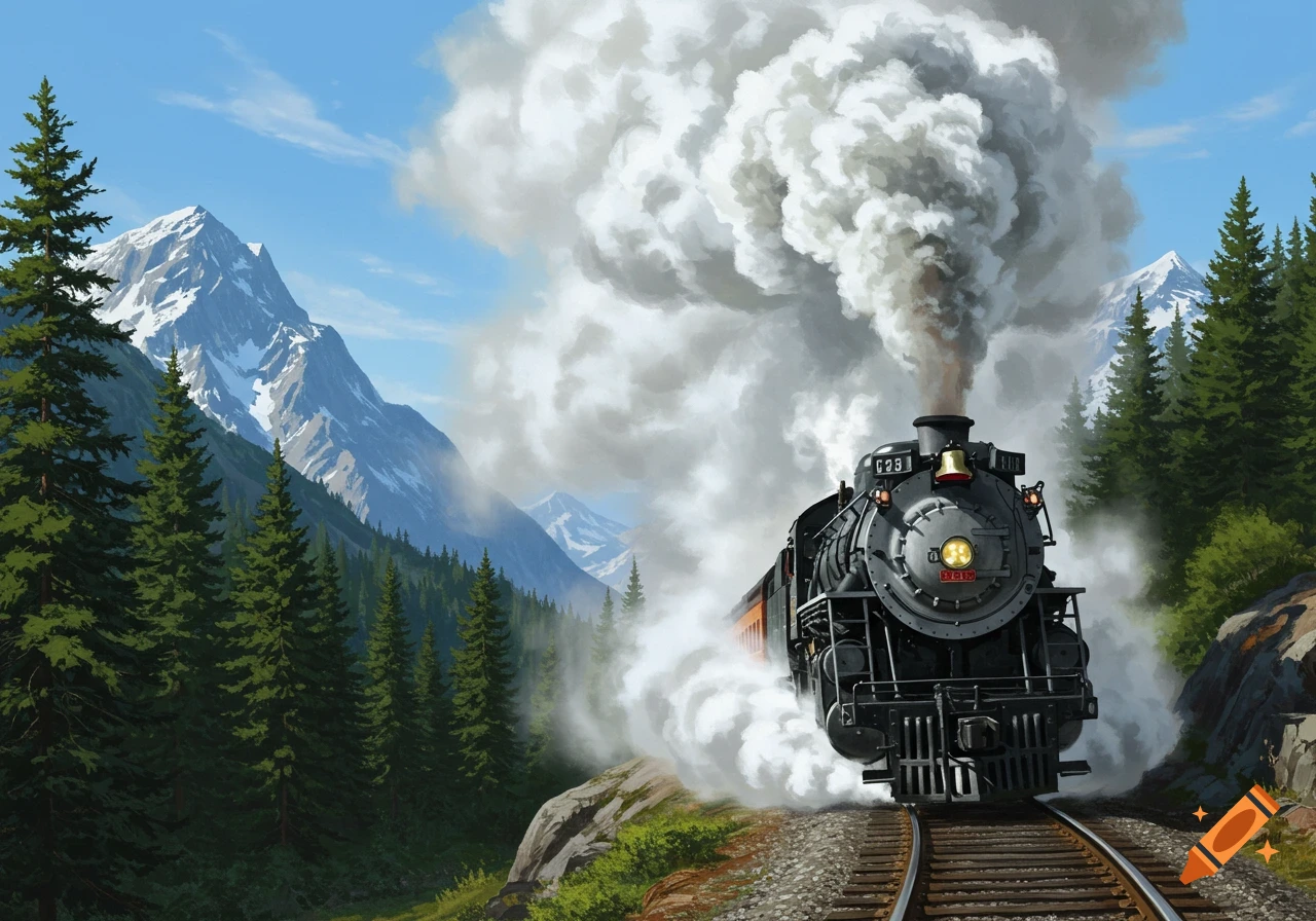A detailed painting of a black steam locomotive emitting white smoke, traveling on tracks through a lush mountain forest under a blue sky.