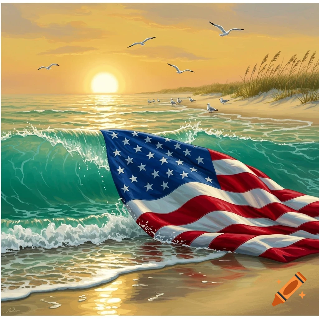 An American flag rests in ocean waves on a sandy beach at sunset, with seagulls flying above.