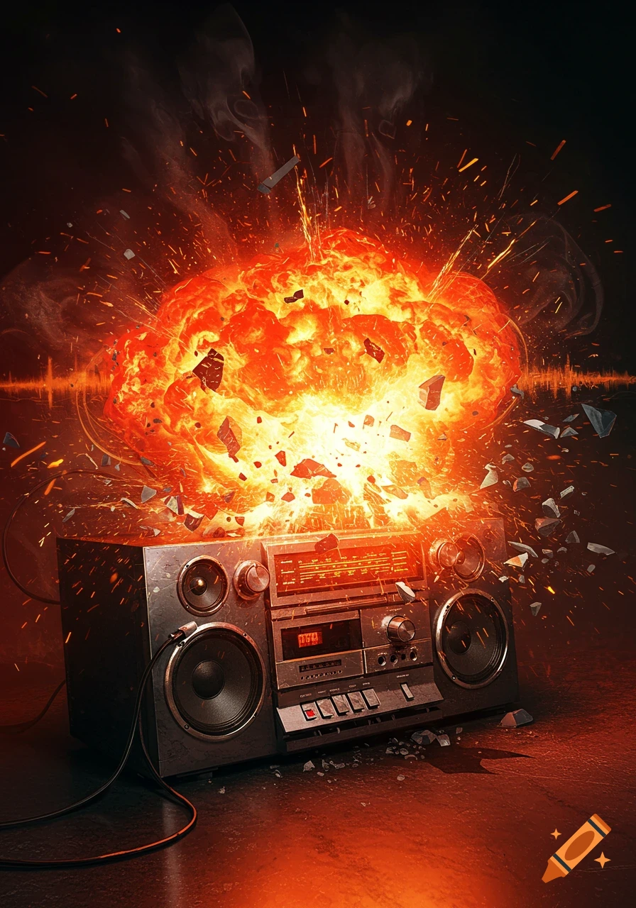 A retro stereo boombox explodes with a fiery orange blast, spewing debris and sparks.
