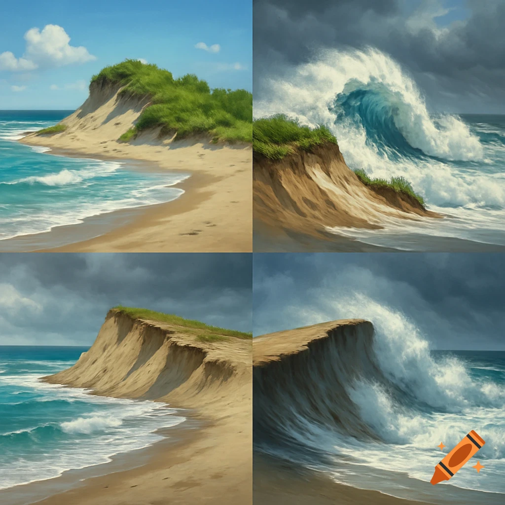 Four-panel image depicting a sandy beach and grassy dune, progressing from calm conditions to a storm with large waves eroding the dune.