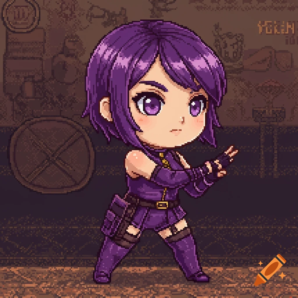 Chibi-style pixel art character with short purple hair and eyes, dressed in a purple tactical outfit, standing in an action pose.