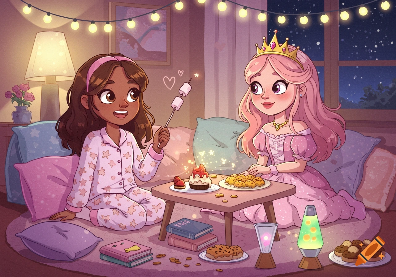 Two smiling cartoon girls, one in pajamas and one in a princess dress, enjoy a cozy slumber party with snacks under string lights.