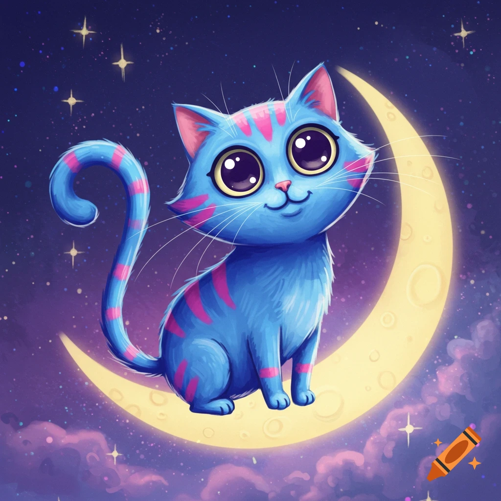 A cute blue and pink striped cartoon cat with big eyes sits on a yellow crescent moon in a dark purple starry night sky.