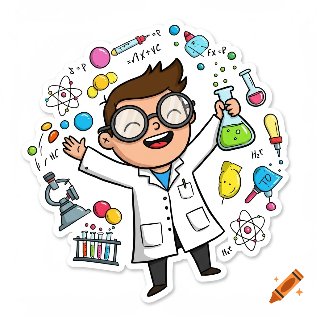 Cartoon boy in a lab coat with glasses, surrounded by colorful science symbols and equipment like beakers, test tubes, and atoms, in a sticker style.