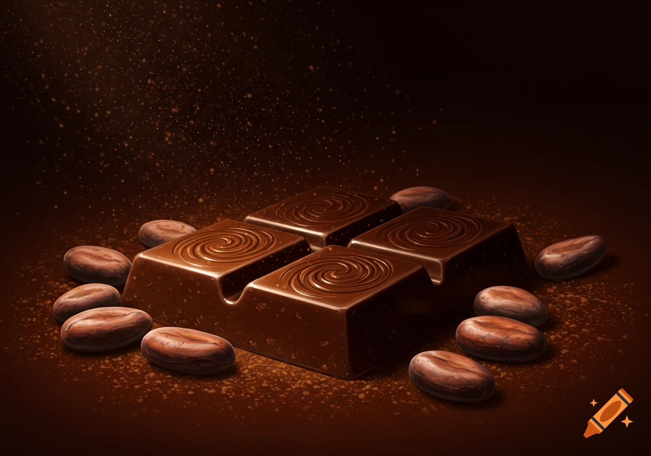 Photorealistic image of a glossy chocolate bar with swirl patterns surrounded by coffee beans and cocoa powder on a dark brown background.